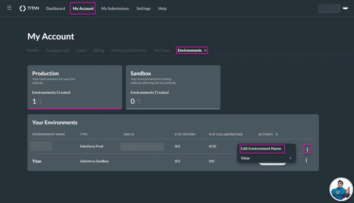 Edit Environment Name option