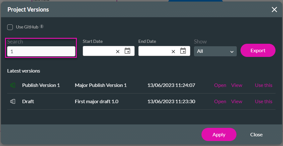 Search for Project Versions