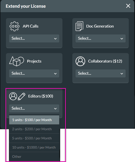 Extend your License screen for buying editors or collaborators