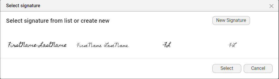 Select signature screen