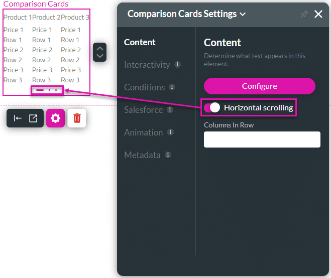 Horizontal scrolling toggle switch