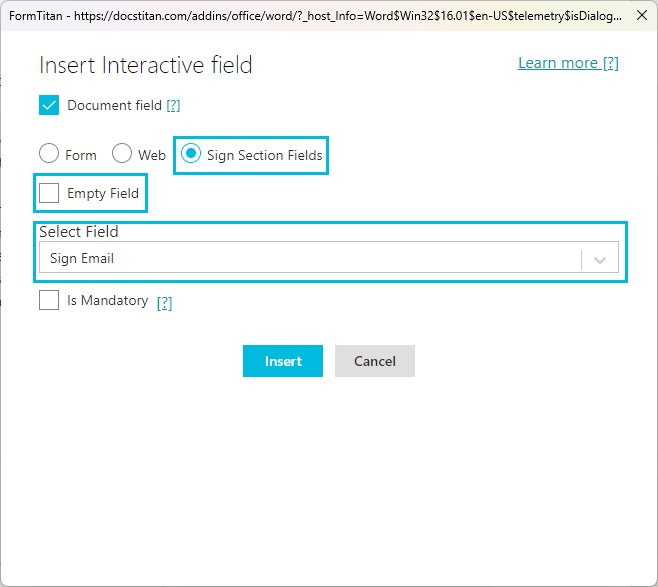 Insert Interactive field screen