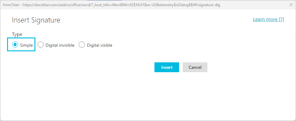 Insert Signature screen