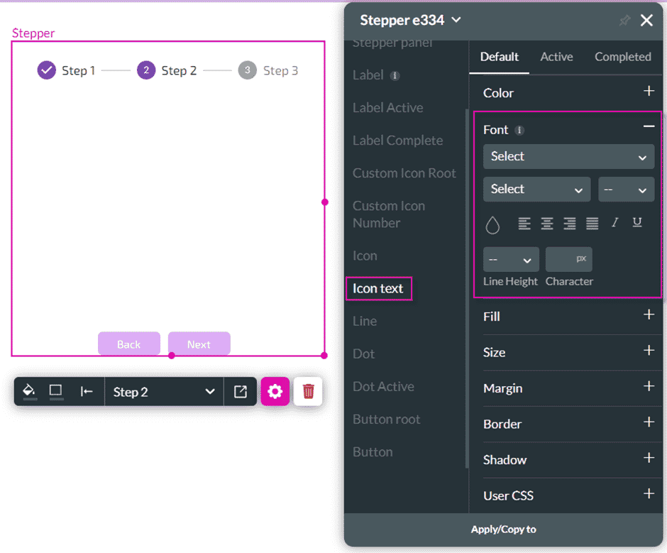 Icon text styling screen