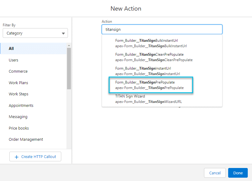 Select the TitanSignPrePopulate action