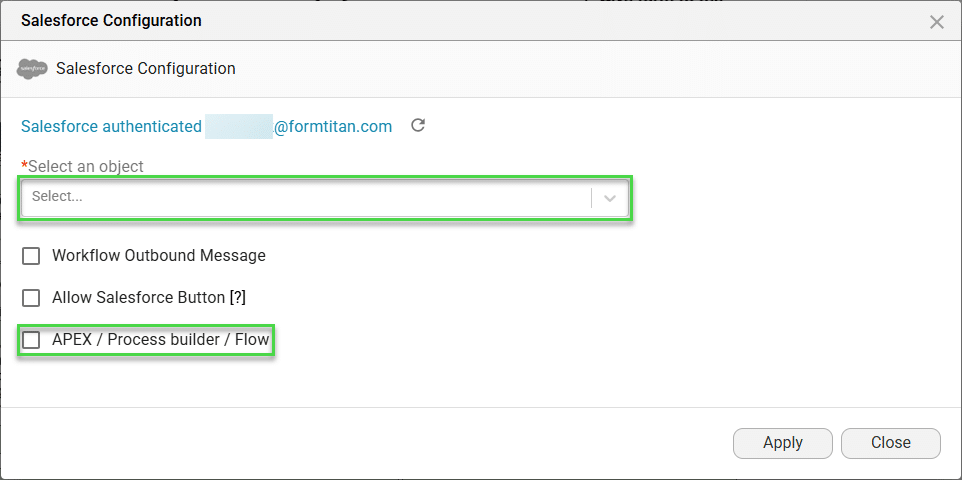 Salesforce Configuration screen