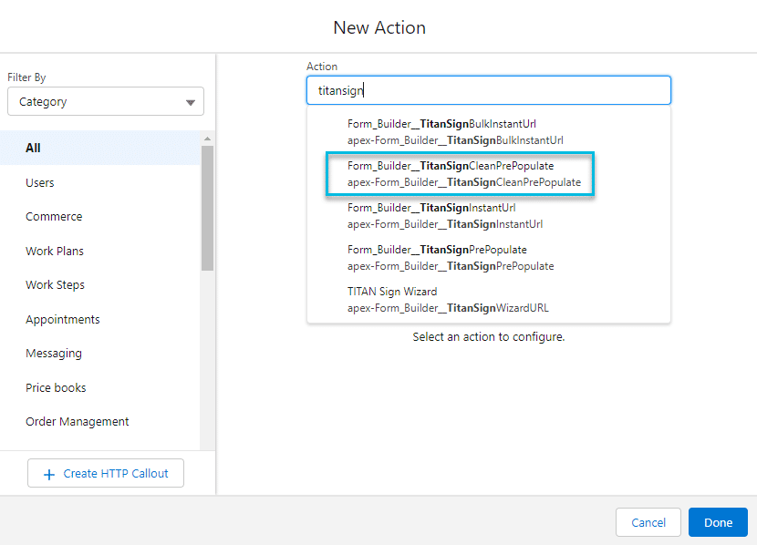 Select the TitanSignCleanPrePopulate Action