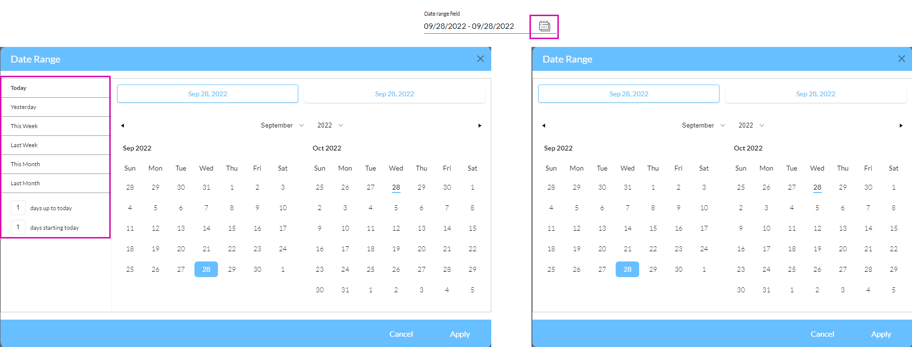 Show Defined Ranges On (left) and Off (right)