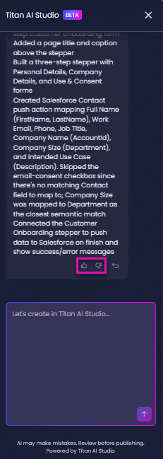 Titan AI Studio interface with chat panel displaying generated form summary, feedback icons for rating the response, and a prompt input field for entering instructions
