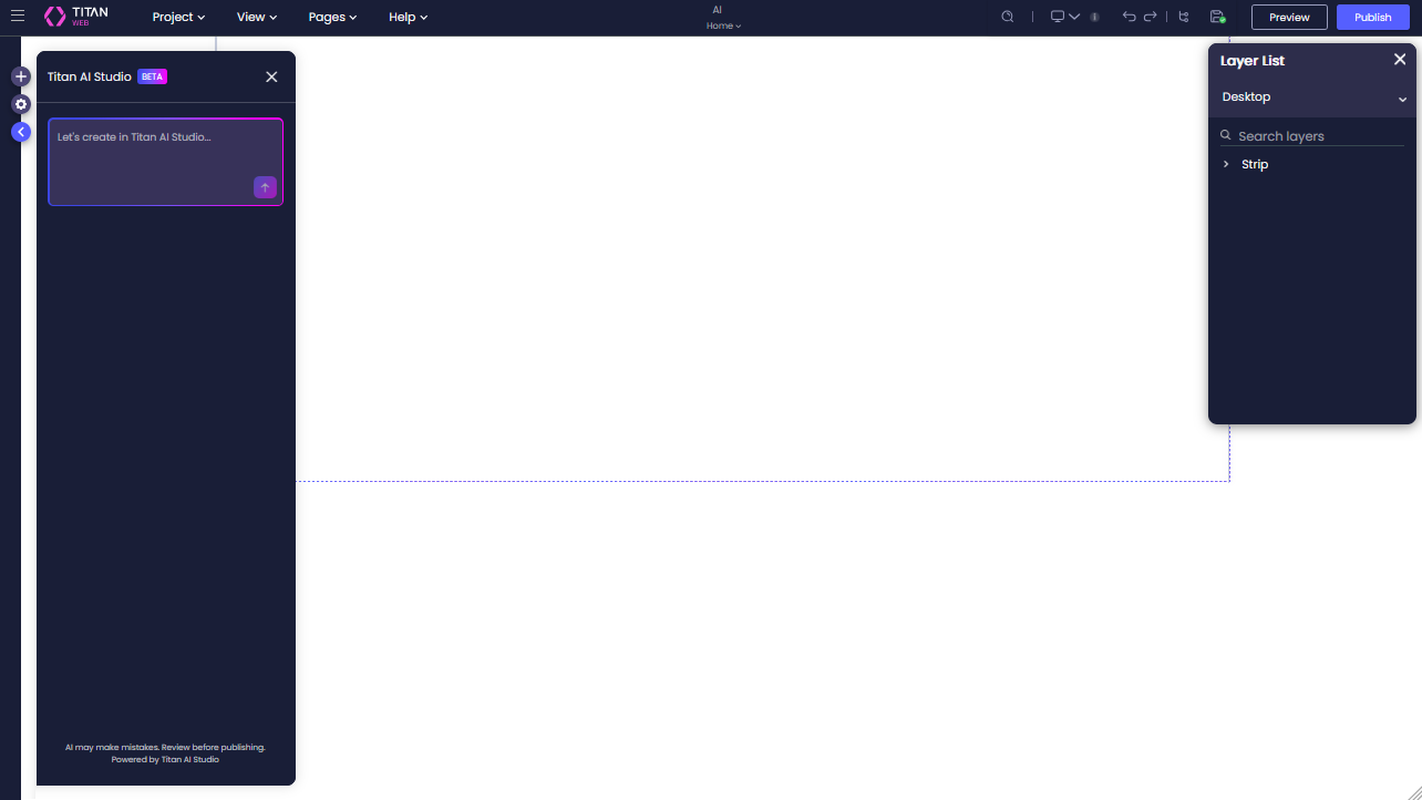 Titan AI Studio chat panel showing the prompt input field where users type AI instructions.
