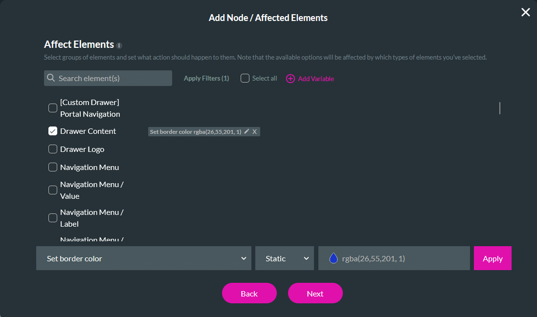 Affected Elements panel showing Drawer Content selected with a tag displaying the applied RGBA border color value, including edit and remove icons next to the tag.