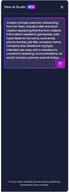 Titan AI Studio prompt input field with the highlighted send button used to submit a prompt.