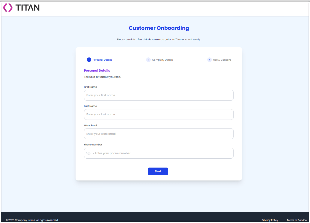 Customer onboarding form displayed in the Titan builder with fields for name, email, phone number, job title, company information, and a Get Started submit button.