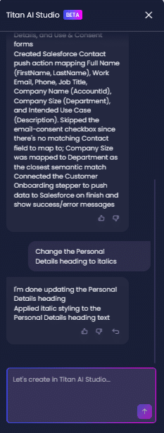 Titan AI Studio chat panel displaying the AI response summarizing generated form elements and confirming the text update.