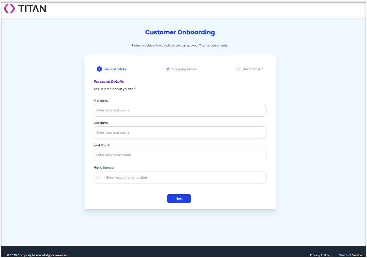 Customer onboarding form in the Titan builder showing the updated Personal Details text changed to italics applied by Titan AI Studio.