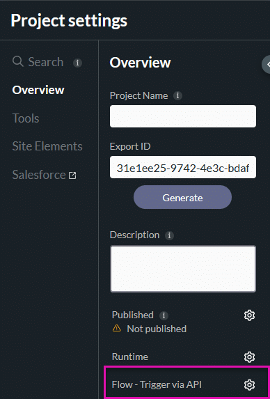 Project settings panel with the Runtime section highlighted, showing the Flow – Trigger via API setting used to access API trigger details for a Flow.