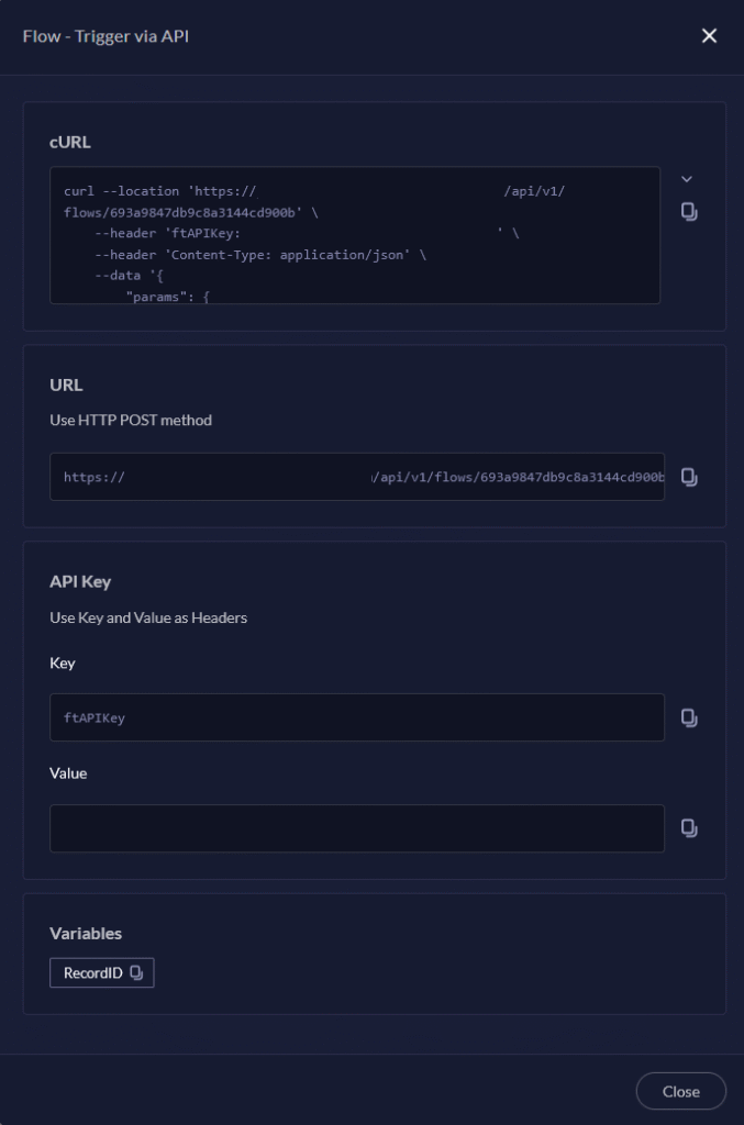 Flow – Trigger via API modal displaying a read-only cURL command, HTTP POST URL, API key header fields, and a list of input variables used to trigger a Flow externally.