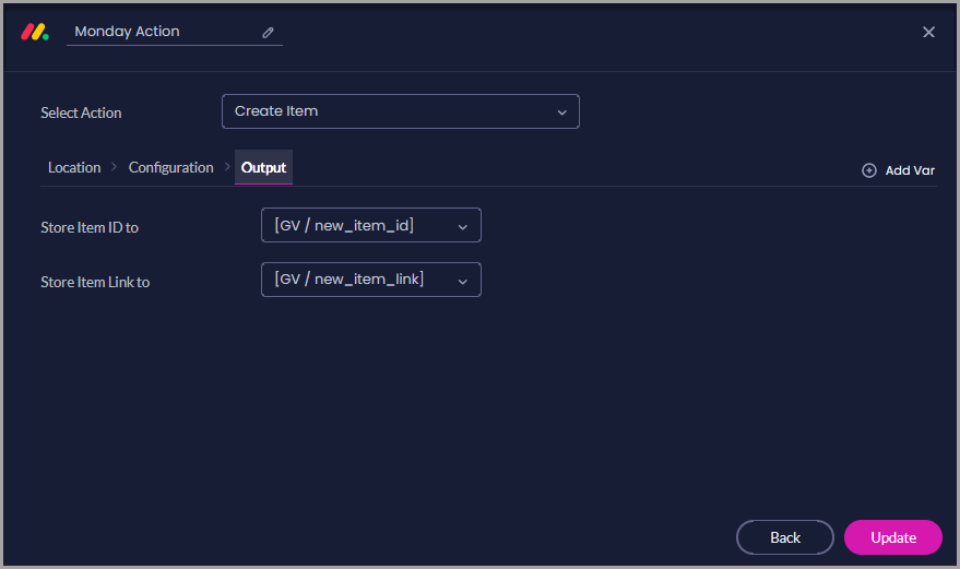 Create Item Output tab with variables selected for storing the created Item ID and Item Link.