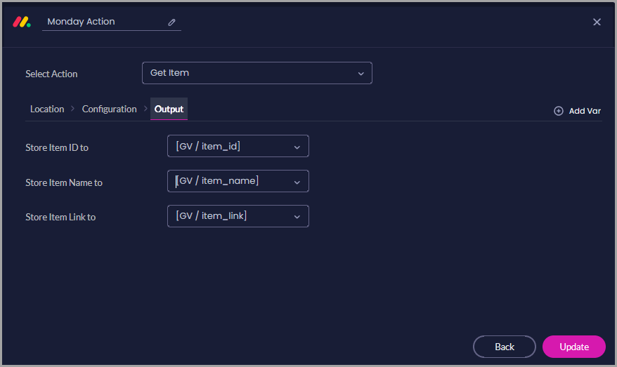 Get Item Output tab with variables selected for storing the Item ID, Item Name, and Item Link.