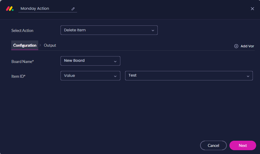 Delete Item configuration with fields for selecting the board and the Item ID.