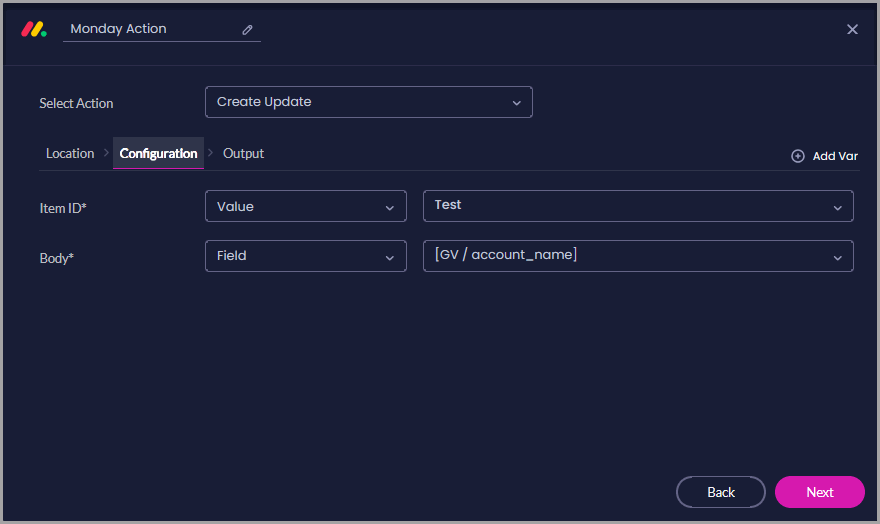 Create Update configuration showing a selected Item ID and the update Body mapped to a sample Flow variable.