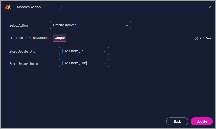 Create Update Output tab with variables selected for storing the Update ID and Update Link.