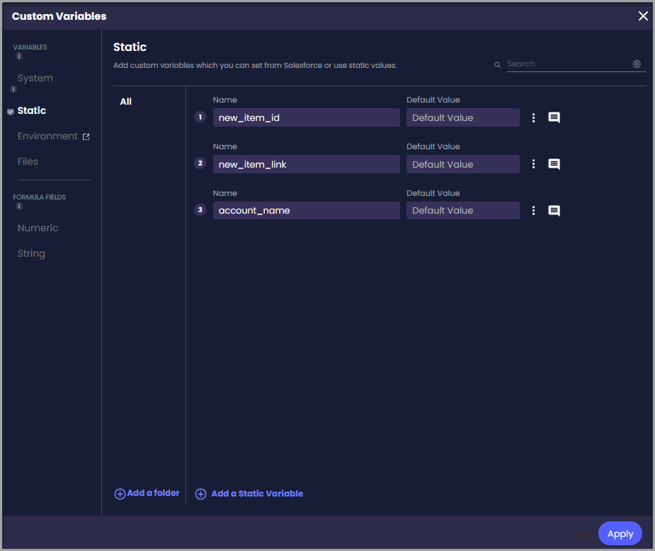 Titan Flow Custom Variables window showing sample static variables that can be used to send information to or store information returned by a Monday.com action.
