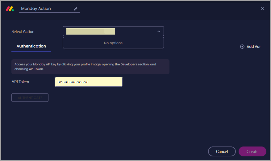 Monday Action window showing the Authentication tab, API Token field, and Authenticate button.