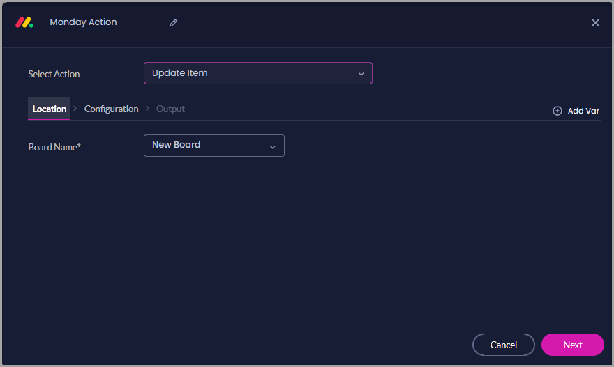 Update Item action with the Location tab selected and New Board selected under Board Name.