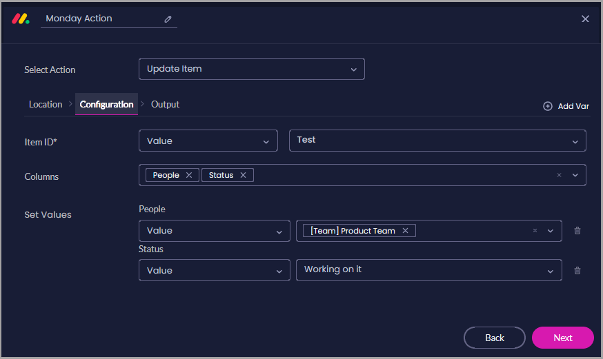 Update Item configuration showing a selected Item ID and new values for the People and Status columns.