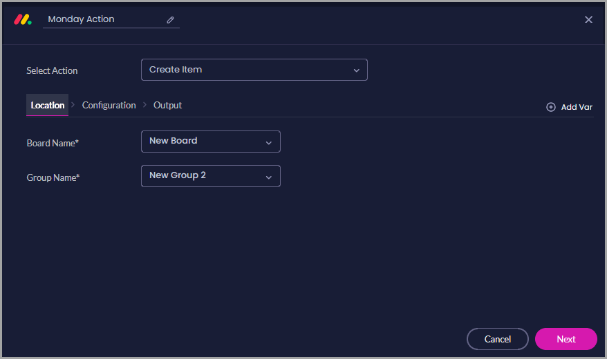 Create Item action with the Location tab selected and dropdown fields for Board Name and Group Name.