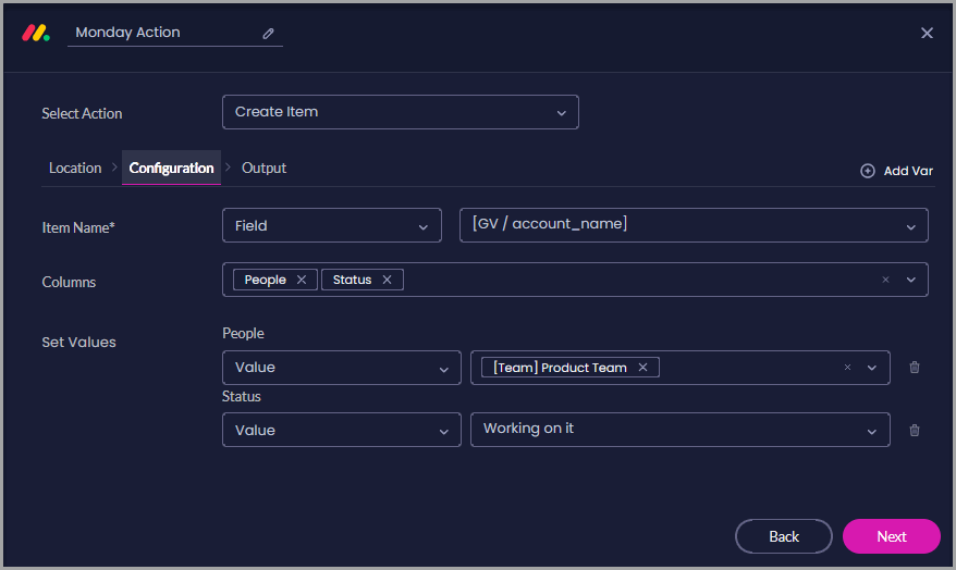 Create Item configuration with the item name mapped to an account name variable and fixed values assigned to the People and Status columns.