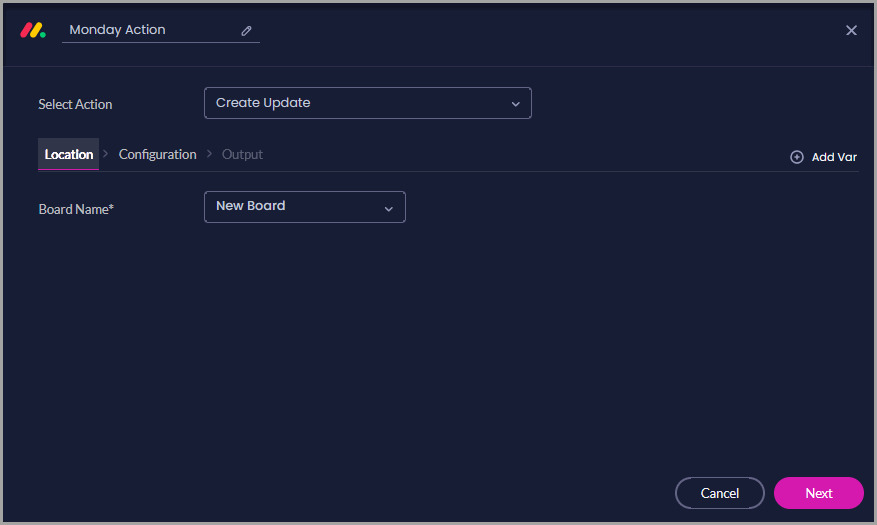 Create Update action with the Location tab selected and New Board selected under Board Name.