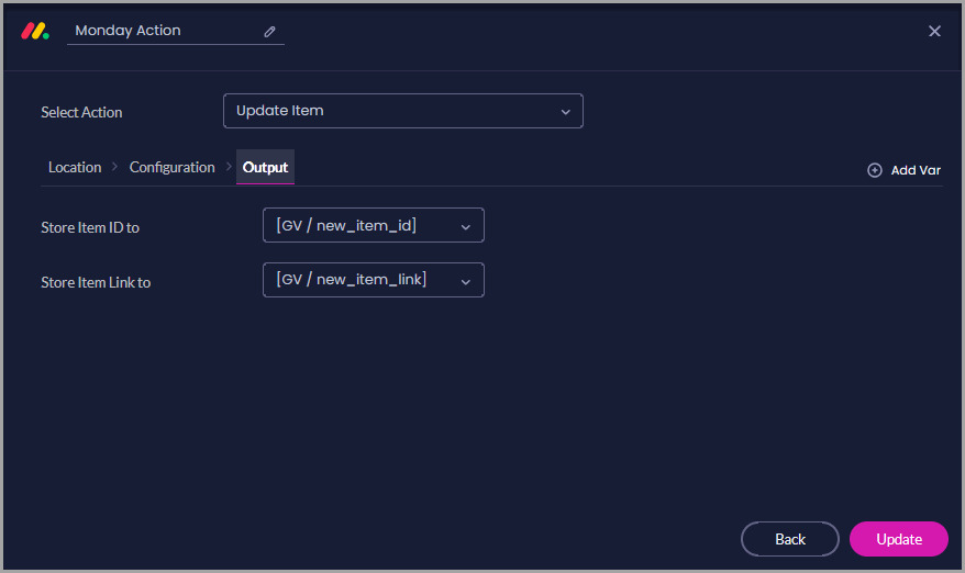 Update Item Output tab with variables selected for storing the updated Item ID and Item Link.