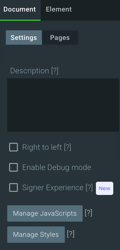 Document settings panel in Titan Builder showing a checkbox labeled "Signer Experience" with a "New" label indicating the option to enable the new signer interface.