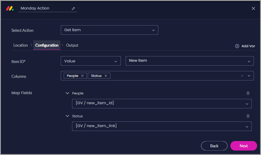 Get Item configuration showing a selected Item ID, the People and Status columns, and sample Flow variables mapped to the retrieved values.