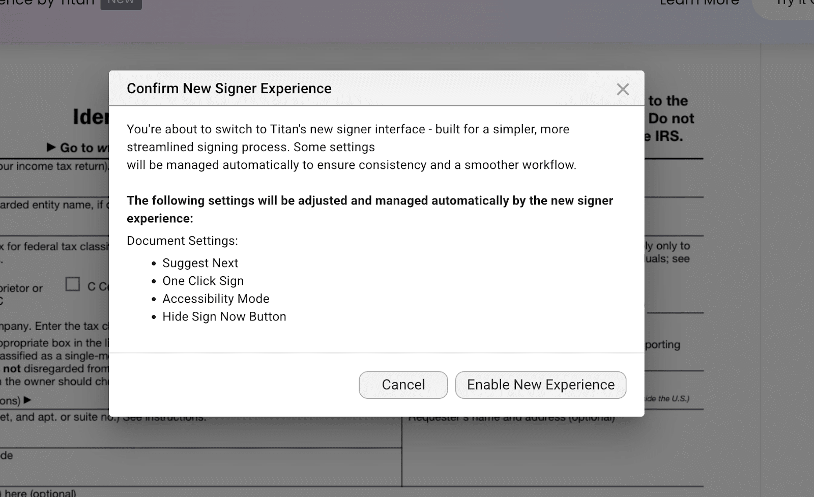 Confirmation modal titled "Confirm New Signer Experience" listing document settings that will be automatically adjusted, with buttons for Cancel and Enable New Experience.