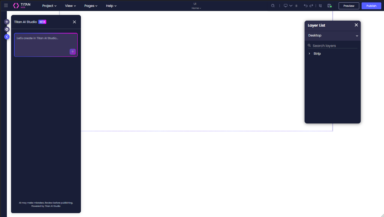 Screenshot of the Titan Web builder with the new UI theme applied, showing updated styling across the canvas, AI Studio panel, and layer list panel.
