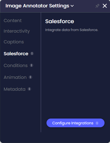 Image Annotator settings panel showing the Salesforce tab with an option to configure integrations.