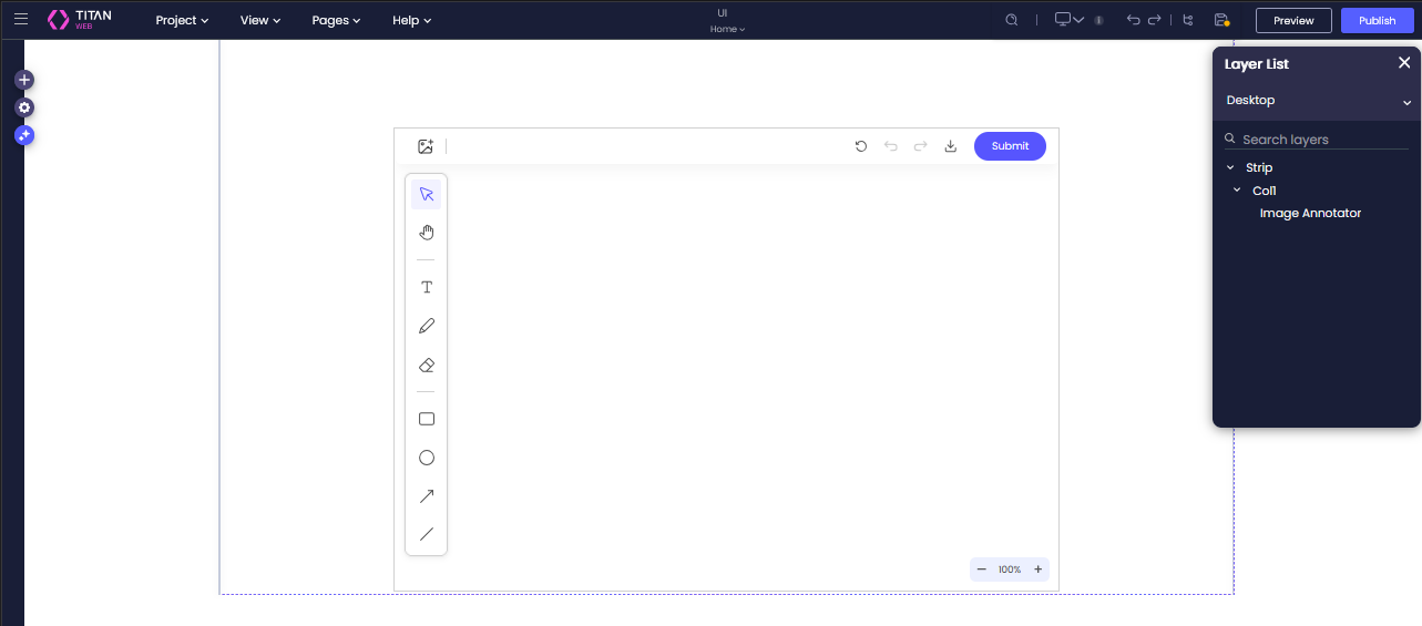 Builder interface showing the Image Annotator element selected in the canvas with surrounding layout components.