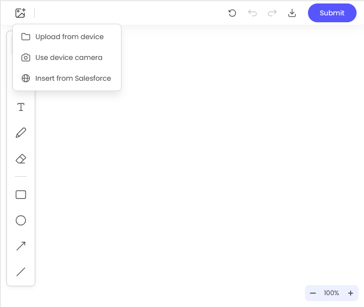 Dropdown menu showing options to upload an image, use a device camera, or insert an image from Salesforce.
