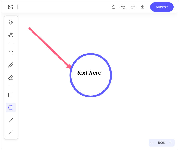 Preview of the Image Annotator with the annotation toolbar open and a blank canvas containing a pink arrow, blue circle, and text annotation.