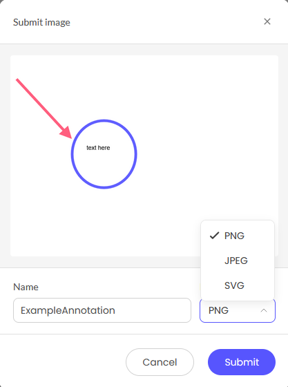 Modal window displaying fields for image name and format selection with cancel and submit actions.