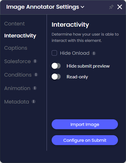 Image Annotator settings panel showing the Interactivity tab with Hide Onload, Hide submit preview, Read-only, Import Image, and Configure on Submit options.