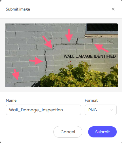 Image Annotator canvas displaying a cracked brick wall photo with pink arrows and a text label reading “Wall damage identified.”