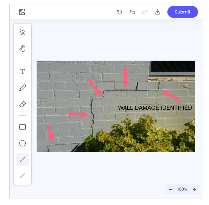 Image Annotator canvas displaying a photo of a cracked brick wall with a circle, arrow, and text annotation used to identify the damaged area.