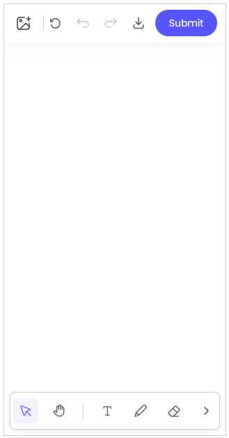 Mobile view of the Image Annotator showing a blank canvas, top action bar with upload, undo, redo, download, and submit options, and a bottom toolbar with annotation tools.