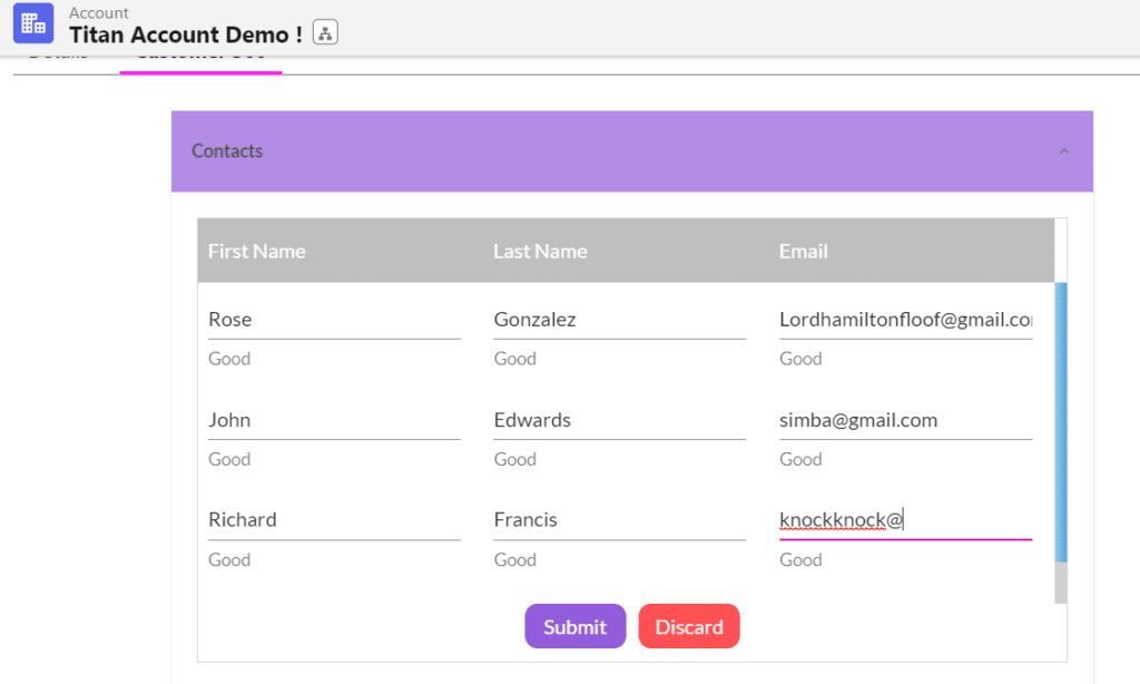 Titan component showing editable contact records related to a Salesforce Account.