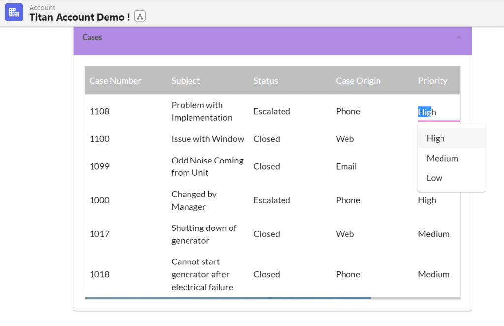 Titan component showing related cases with an editable Priority dropdown.
