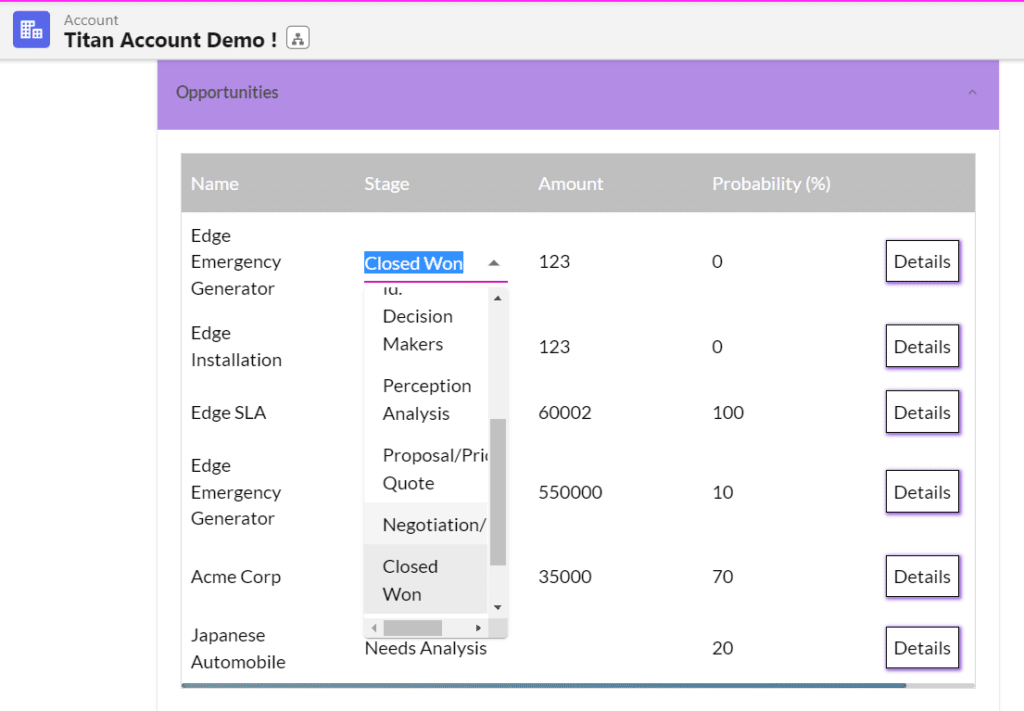 Titan component showing related opportunities with an editable Stage field and Details buttons.